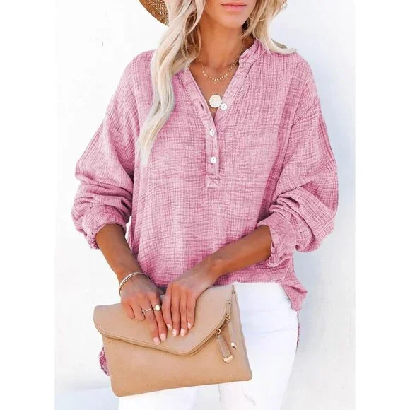 Women's Cotton V Neck Button Long Sleeve Blouse Oversized Casual Top - Picture 3 of 6